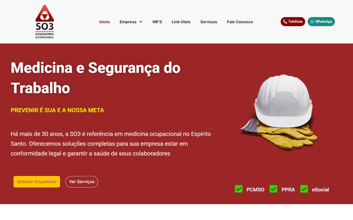 Página inicial do site da SO3 Assessoria Ocupacional